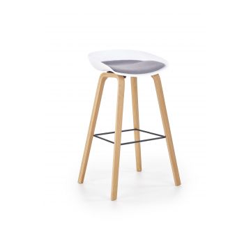 Scaun de bar cu sezut tapitat cu stofa si picioare din lemn, Hoku-86 Alb / Gri, l51xA43xH81 cm