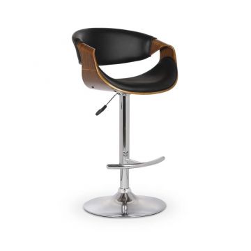 Scaun de bar din pal, tapitat cu piele ecologica si picior metalic, Hoku-100 Negru / Nuc, l53xA50xH88-109 cm