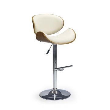 Scaun de bar din pal, tapitat cu piele ecologica si picior metalic, Hoku-44 Crem / Nuc, l53xA51xH93-115 cm