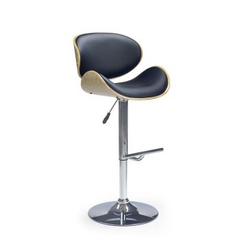 Scaun de bar din pal, tapitat cu piele ecologica si picior metalic, Hoku-44 Negru / Stejar Deschis, l53xA51xH93-115 cm