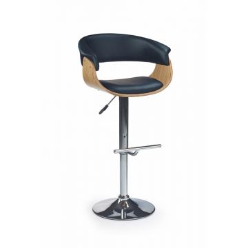 Scaun de bar din pal, tapitat cu piele ecologica si picior metalic, Hoku-45 Negru / Stejar Deschis, l59xA46xH90-112 cm