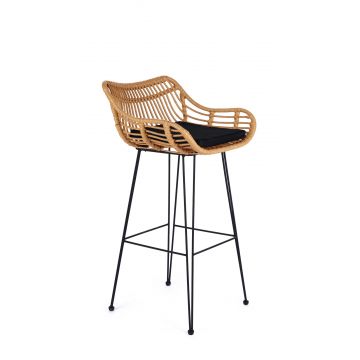 Scaun de bar din ratan sintetic si picioare metalice Hoku-105 Natural / Negru, l54xA52xH99 cm