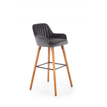Scaun de bar tapitat cu stofa, cu picioare din lemn Hoku-93 Gri Inchis / Nuc, l47xA49xH98 cm