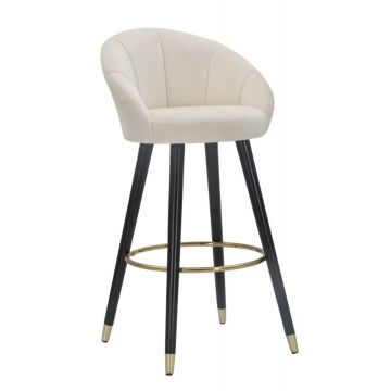 Scaun de bar tapitat cu stofa si picioare din lemn, Prague Velvet Crem / Negru / Auriu, l55xA56xH104 cm