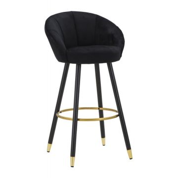 Scaun de bar tapitat cu stofa si picioare din lemn, Prague Velvet Negru / Auriu, l55xA56xH104 cm