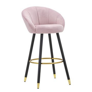 Scaun de bar tapitat cu stofa si picioare din lemn, Prague Velvet Roz / Negru / Auriu, l55xA56xH104 cm