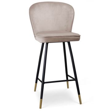 Scaun de bar tapitat cu stofa si picioare metalice, Aine Velvet Bej / Negru / Auriu, l50xA52xH108 cm