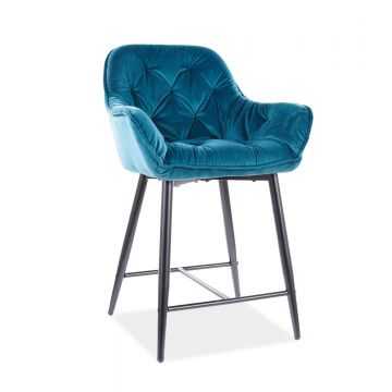 Scaun de bar tapitat cu stofa si picioare metalice Clyde H-2 Velvet Turcoaz / Negru, l56xA42xH86 cm