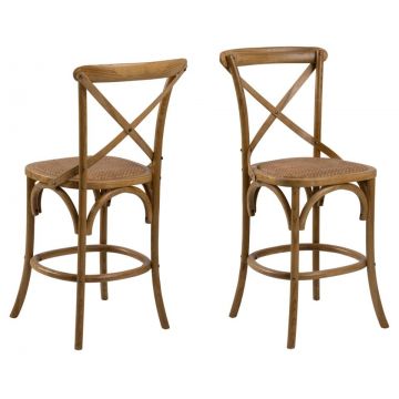 Set 2 scaune de bar din lemn de ulm, cu sezut din ratan Eileen Natural, l51xA55xH105 cm