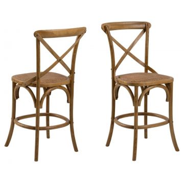 Set 2 scaune de bar din lemn de ulm, cu sezut din ratan Eileen Natural, l51xA55xH105 cm