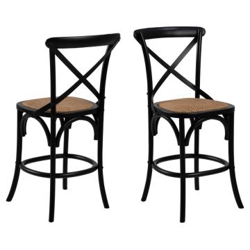 Set 2 scaune de bar din lemn de ulm, cu sezut din ratan Eileen Negru, l51xA55xH105 cm