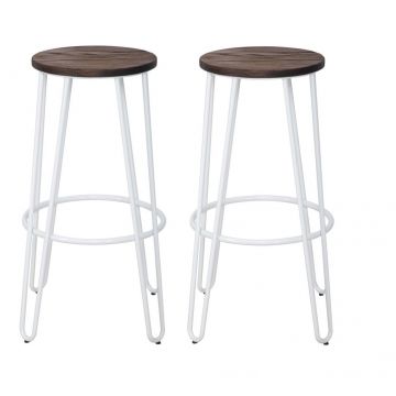 Set 2 scaune de bar din metal, cu sezut din lemn de ulm Detroit Alb / Maro, Ø39xH76 cm