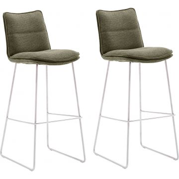 Set 2 scaune de bar rotative tapitate cu stofa si picioare metalice, Hampton Verde Olive / Crom, l45xA54xH110 cm