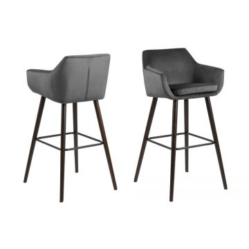 Set 2 scaune de bar tapitate cu stofa si picioare din lemn Nora Velvet Gri Inchis / Maro Inchis, l55xA54xH101 cm