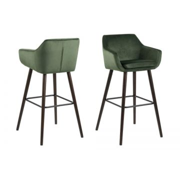 Set 2 scaune de bar tapitate cu stofa si picioare din lemn Nora Velvet Verde / Maro Inchis, l55xA54xH101 cm