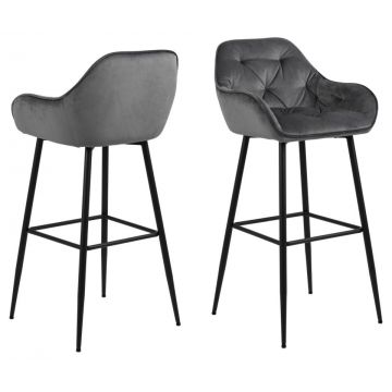 Set 2 scaune de bar tapitate cu stofa si picioare metalice, Brooke Velvet Gri inchis / Negru, l52xA53xH104 cm
