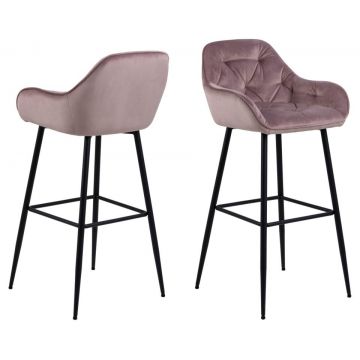 Set 2 scaune de bar tapitate cu stofa si picioare metalice, Brooke Velvet Roz deschis / Negru, l52xA53xH104 cm