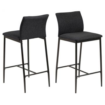 Set 2 scaune de bar tapitate cu stofa si picioare metalice Demina Small Gri inchis / Negru, l41,5xA48,5xH90,5 cm