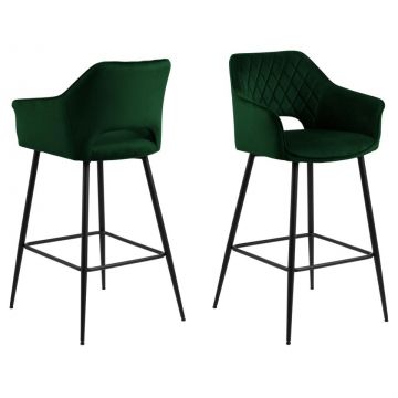 Set 2 scaune de bar tapitate cu stofa si picioare metalice, Felina Velvet Verde / Negru, l54,5xA53,5xH104,5 cm