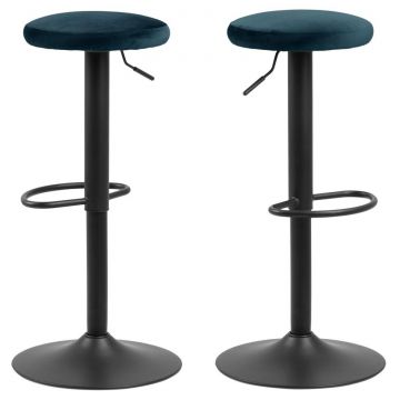 Set 2 scaune de bar tapitate cu stofa si picior metalic Finch Velvet Albastru inchis / Negru, Ø40xH82 cm
