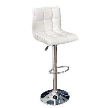 Scaun de bar cu inaltime reglabila tapitat cu Piele artificiala Alb cu picioare din Metal Argintiu H90-115xL45xA50cm Modena