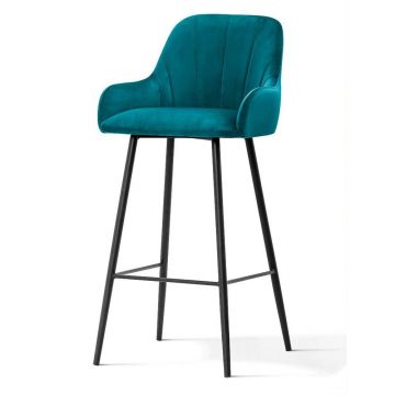Scaun de bar personalizabil tapitat cu Catifea Turcoaz si picioare negre inaltime sezut 75cm Tulip