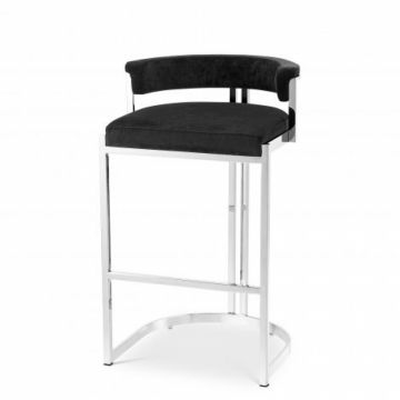 Scaun de insula tapitat cu Catifea Negru cu picioare din Metal Argintiu H81xL49xA47cm Dante