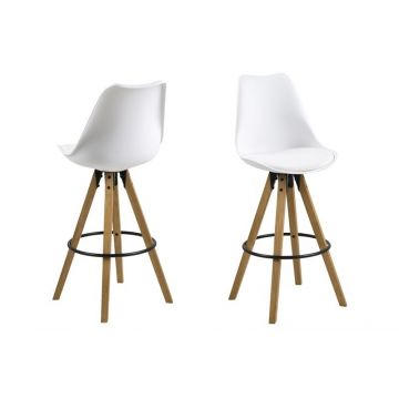 Set 2 scaune de bar din plastic, sezut tapitat cu piele ecologica si picioare din lemn Dima Alb / Stejar, l48xA55xH111,5 cm
