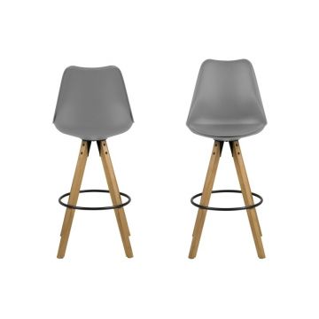 Set 2 scaune de bar din plastic, sezut tapitat cu piele ecologica si picioare din lemn Dima Gri / Stejar, l48,5xA55xH111,5 cm
