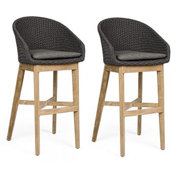 Set 2 scaune de bar pentru terasa, din material textil si lemn de tec, Coachella Antracit / Natural, l56xA57xH110 cm