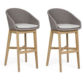 Set 2 scaune de bar pentru terasa, din material textil si lemn de tec, Coachella Gri Deschis / Natural, l56xA57xH110 cm