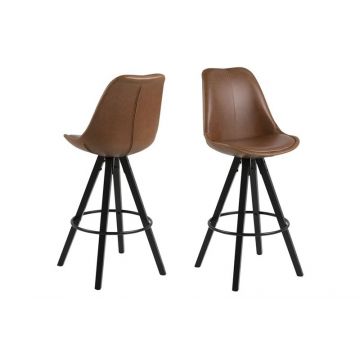 Set 2 scaune de bar tapitate cu piele ecologica si picioare din lemn Dima Maro / Negru, l48,5xA55xH111,5 cm