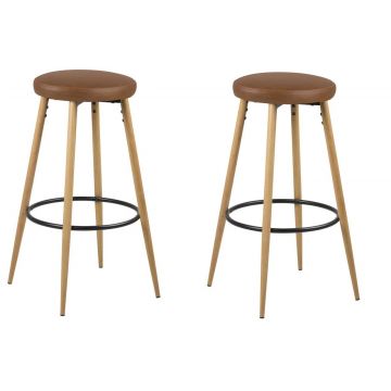Set 2 scaune de bar tapitate cu piele ecologica si picioare din lemn Hector Maro / Stejar, Ø41xH77 cm
