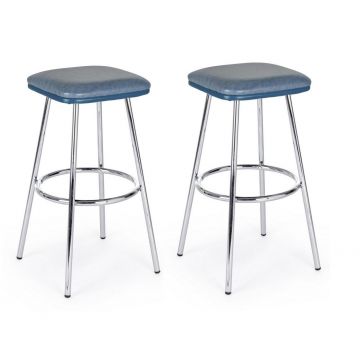 Set 2 scaune de bar tapitate cu piele ecologica si picioare metalice Agnes Albastru / Crom, l38xA38xH75 cm
