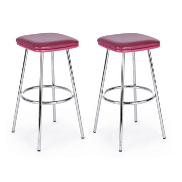 Set 2 scaune de bar tapitate cu piele ecologica si picioare metalice Agnes Bordeaux / Crom, l38xA38xH75 cm