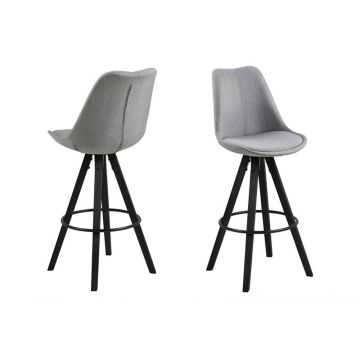 Set 2 scaune de bar tapitate cu stofa si picioare din lemn Dima Gri Deschis / Negru, l48,5xA55xH111,5 cm