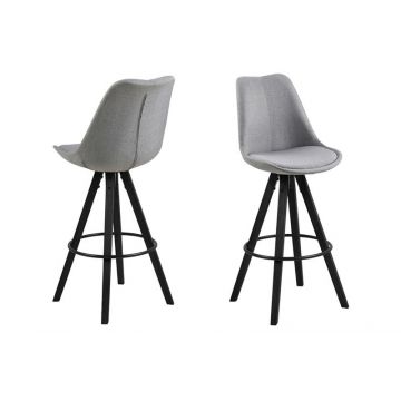 Set 2 scaune de bar tapitate cu stofa si picioare din lemn Dima Gri Deschis / Negru, l48,5xA55xH111,5 cm