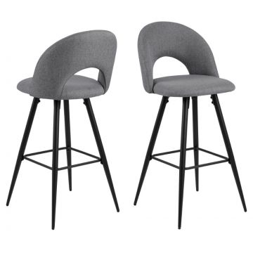 Set 2 scaune de bar tapitate cu stofa si picioare metalice Ayla Gri deschis / Negru, l45xA55xH105 cm