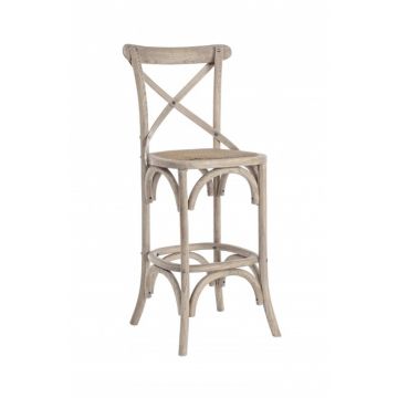 Scaun de bar din lemn de ulm, cu sezut din ratan Cross Gri deschis, l42xA46xH118 cm