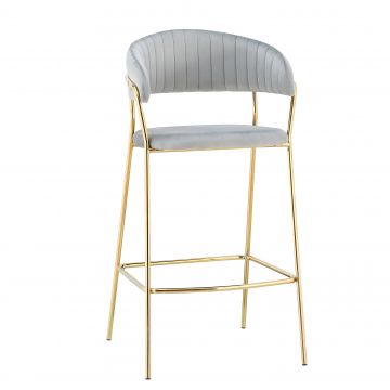 Scaun de bar tapitat cu stofa si picioare metalice, Marte Velvet Gri Deschis / Auriu, l52xA51xH105 cm