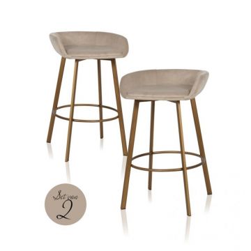 Set 2 scaune de bar fara spatar tapitat cu Catifea Bej cu picioare din Metal Bronz H83xL52xA56cm Cressida Richmond Interiors