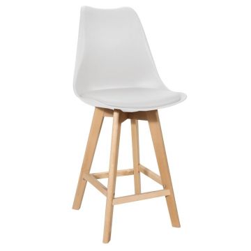 Scaun bar Gaston alb plastic PP si piele ecologica PU cu picioare din lemn natural 56x48.5x104 cm