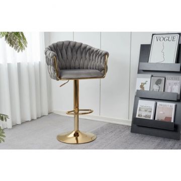 Scaun bar Pretty, tapițerie catifea luxoasă, reglaj înălțime, bază metalică aurie, 45x49x103 cm, Gri