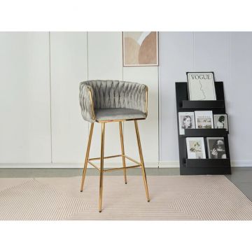 Scaun bar Sun, design rafinat, tapițerie catifea premium, picioare metalice aurii, 53x55x102 cm, Gri