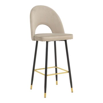 Scaun de bar Casenio bej de catifea-negru-auriu cu baza metalica, 48x50x117 cm