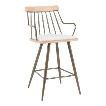 Scaun de bar cu suport Posse, metal Bronz & Lemn Wash, Alb Bej, 48x54x92 cm