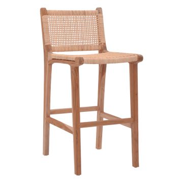Scaun de bar inaltime medie Sponze Natural lemn de tec schelet si ratan, Natural, 40x47x89 cm