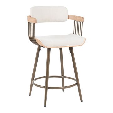 Scaun de bar rotativ cu functie Cameo, metal și Lemn, tesatura, Bej, 53x50x93 cm - Bronz