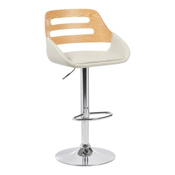 Scaun de bar rotativ Fern, Bej, Piele ecologica, Lemn gri, metal, cromat, 50x49x89-110 cm