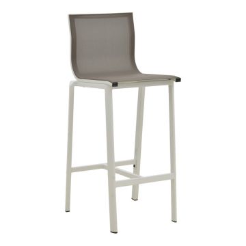 Scaun de bar stivuibil cu structură din aluminiu Melina, textil, alb și gri, 57x52x106 cm